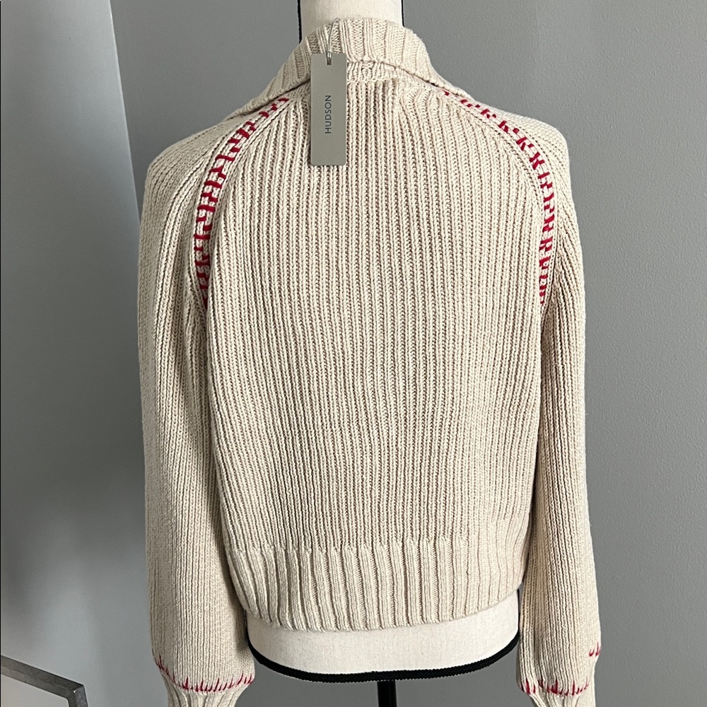 Hudson Jeans Cream V-Neck Sweater with Red Details - Picture 2 of 4